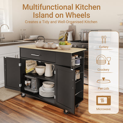 SoBuy FKW133-SCH, Kitchen Island on Wheels with Adjustable Shelf & 3-Tier Side Rack, Black, W99 x D40 x H85cm