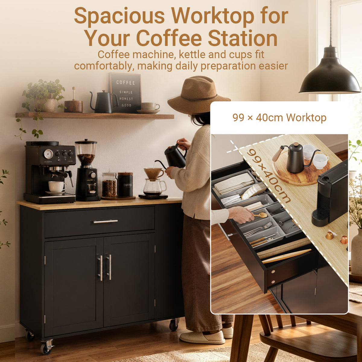 SoBuy FKW133-SCH, Kitchen Island on Wheels with Adjustable Shelf & 3-Tier Side Rack, Black, W99 x D40 x H85cm