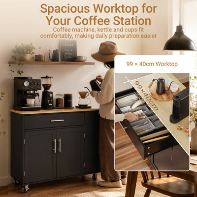 SoBuy FKW133-SCH, Kitchen Island on Wheels with Adjustable Shelf & 3-Tier Side Rack, Black, W99 x D40 x H85cm