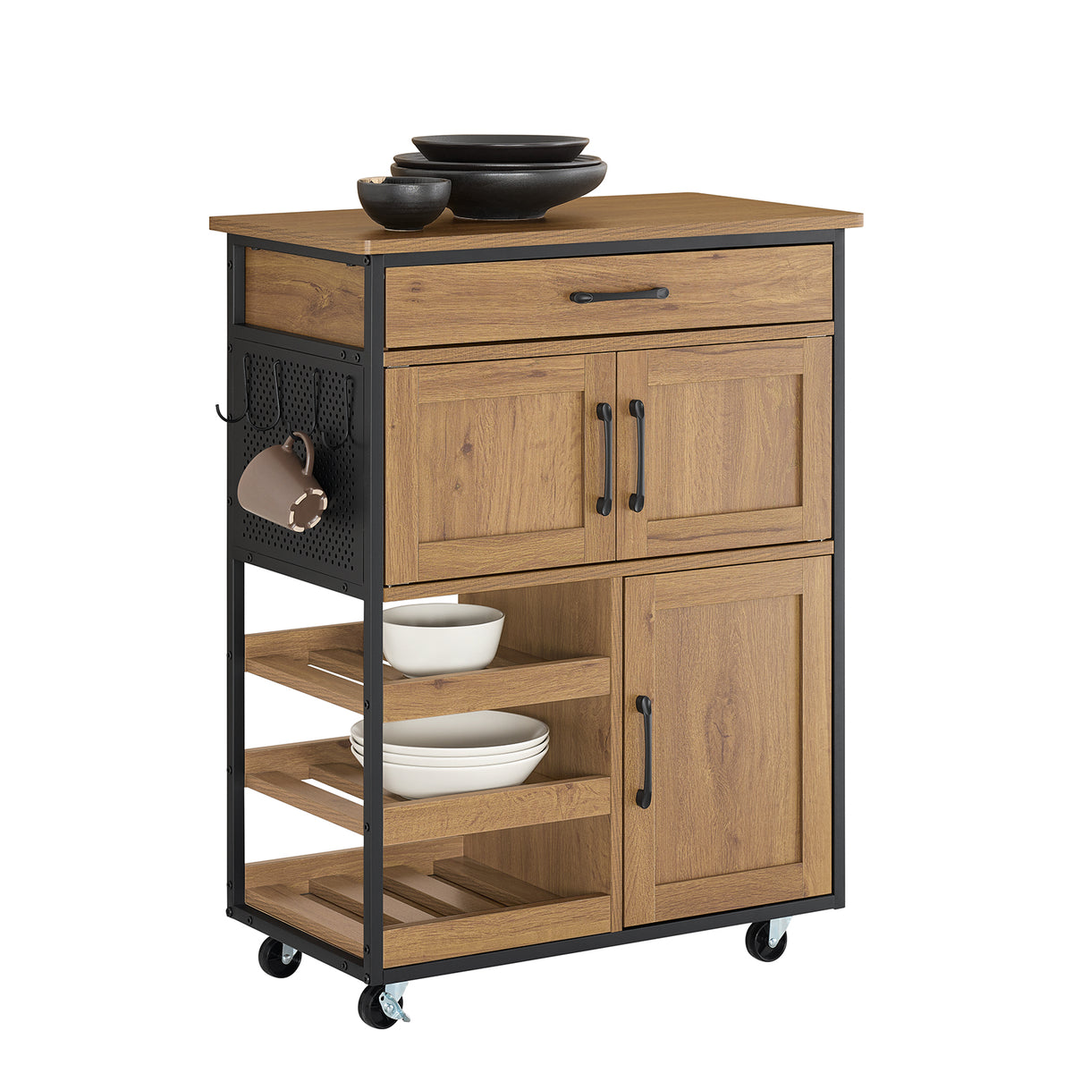 SoBuy FKW134-N, Kitchen Trolley with Wheels Multi-Functional Storage Cart Kitchen Island with Wine Rack Mobile Sideboard Unit for Small Kitchens Dining Room Garden Industrial Vintage Brown 67x88x37cm