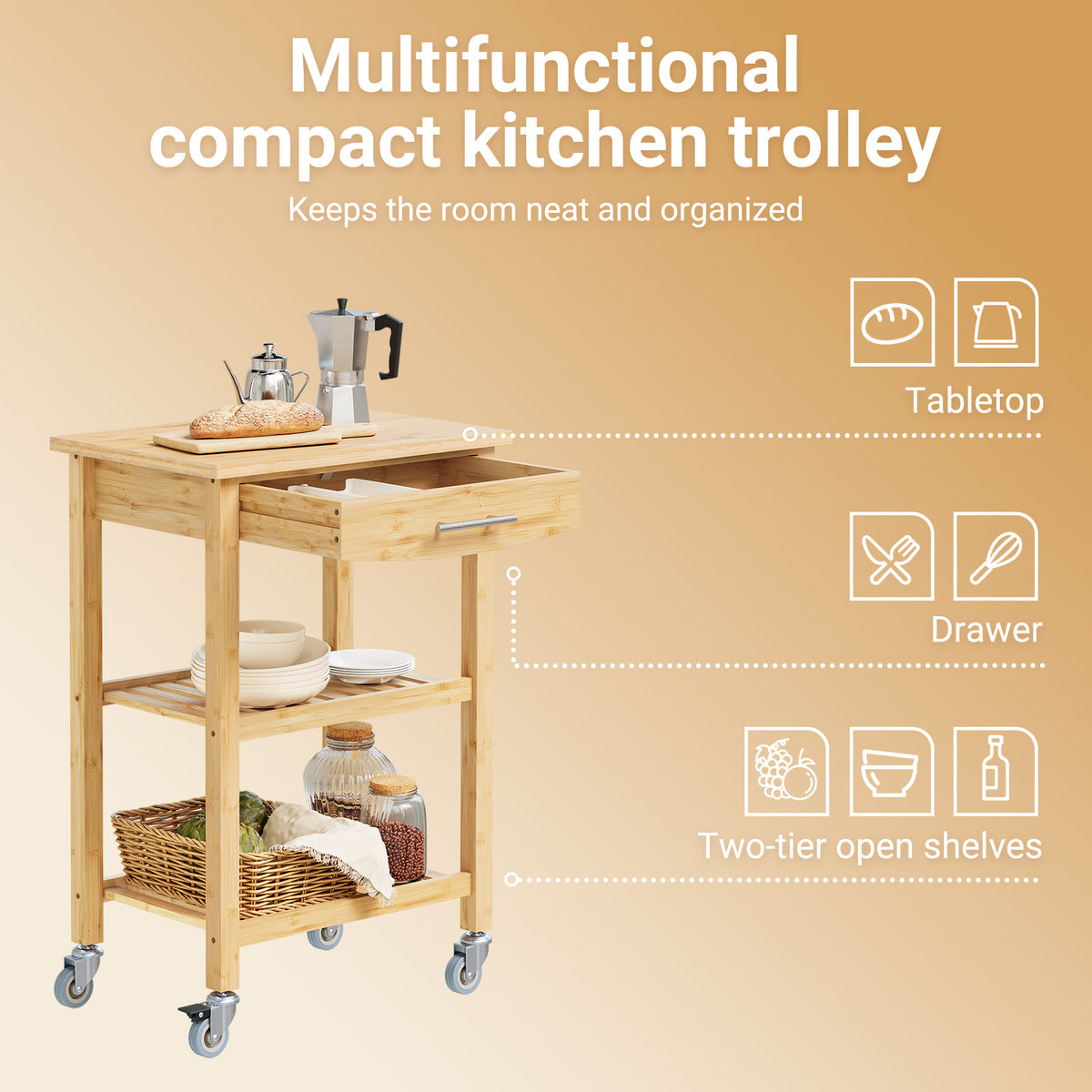 SoBuy FKW135-N, Kitchen Trolley on Wheels with Drawer & Shelves, Rolling Storage Cart with Worktop, Natural, 58x40x86cm