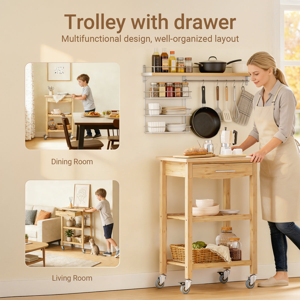 SoBuy FKW135-N, Kitchen Trolley on Wheels with Drawer & Shelves, Rolling Storage Cart with Worktop, Natural, 58x40x86cm