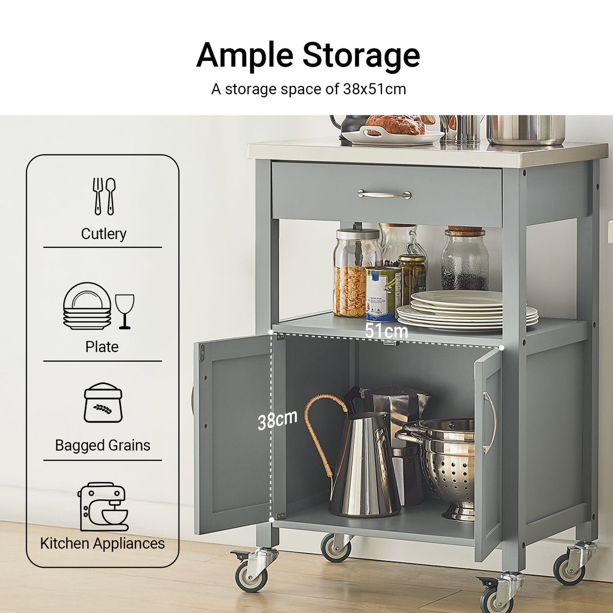 SoBuy FKW22-HG Kitchen Trolley with Storage Mobile Kitchen Cart with Drawer, Open Shelf Compact Kitchen Unit on Wheels, Ideal as Microwave Stand, Storage Trolley or Side Cabinet Grey 60x92x44cm