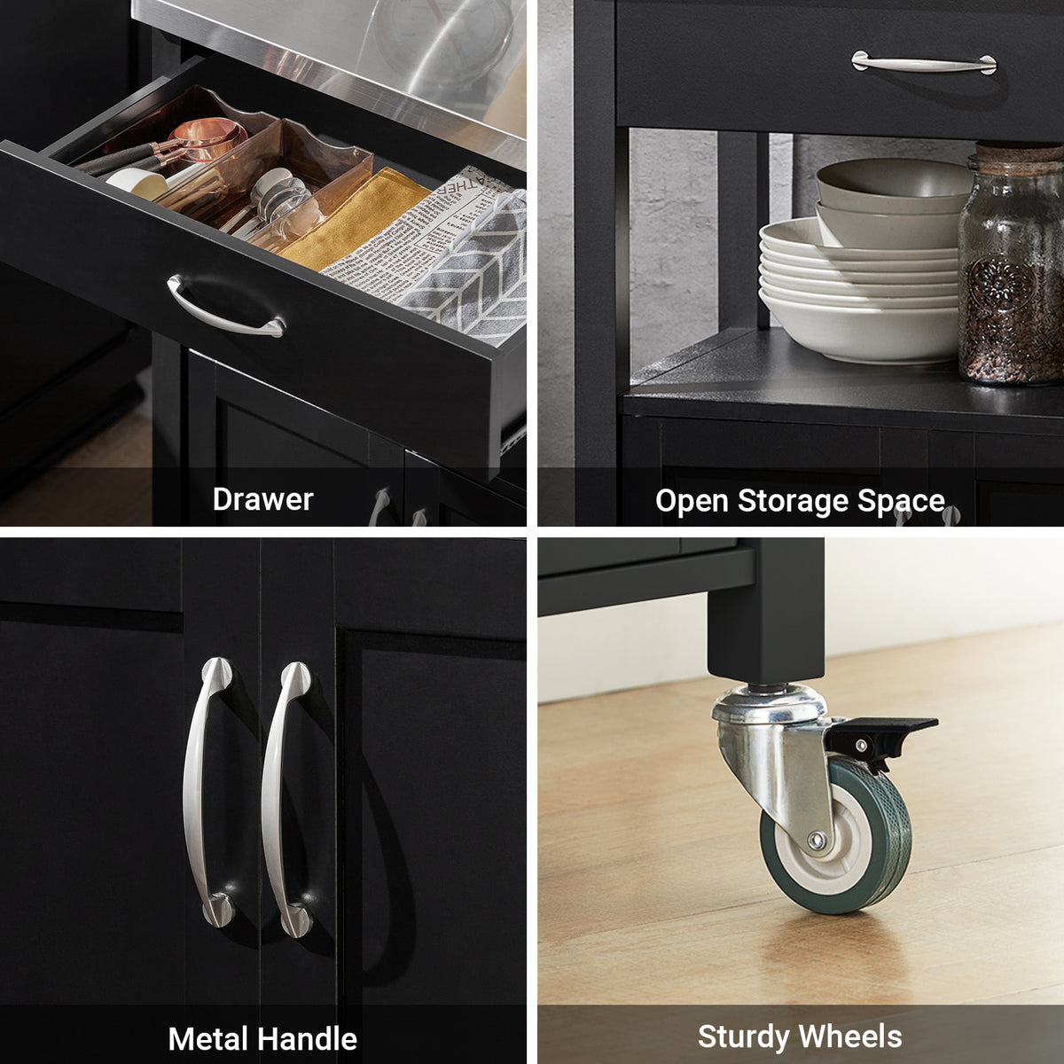 SoBuy FKW22-SCH, Kitchen Trolley Cart Storage Trolley Serving Trolley Kitchen Cabinet with Stainless Steel Worktop, Black