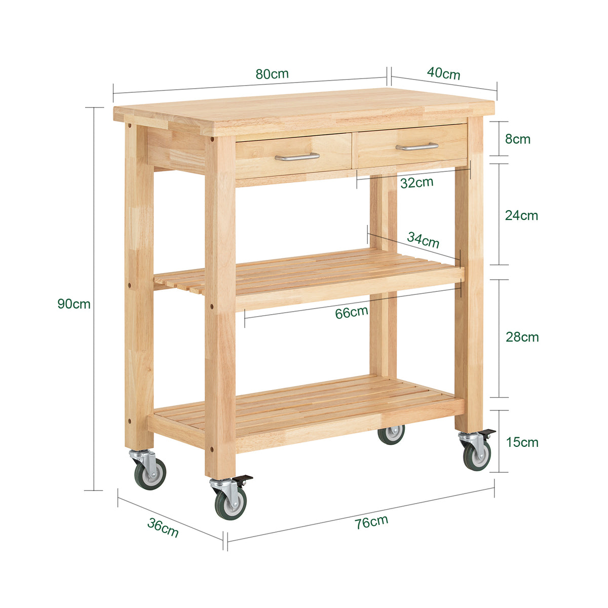 SoBuy FKW24-II-N, Kitchen Trolley on Wheels Rubber Wood Storage Cart – Free Standing Kitchen Storage Unit with 2 Drawers & 2 Shelves – Compact Kitchen Island for Small Kitchens and Flats 80x40x90 cm