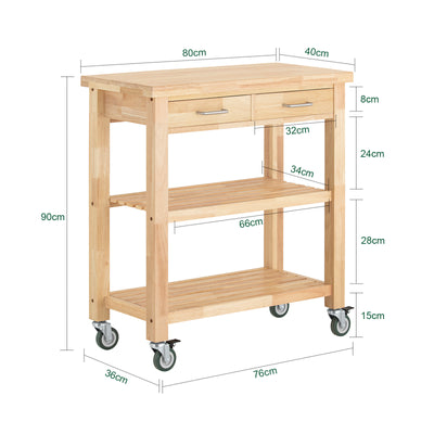 SoBuy FKW24-II-N, Kitchen Trolley on Wheels Rubber Wood Storage Cart – Free Standing Kitchen Storage Unit with 2 Drawers & 2 Shelves – Compact Kitchen Island for Small Kitchens and Flats 80x40x90 cm