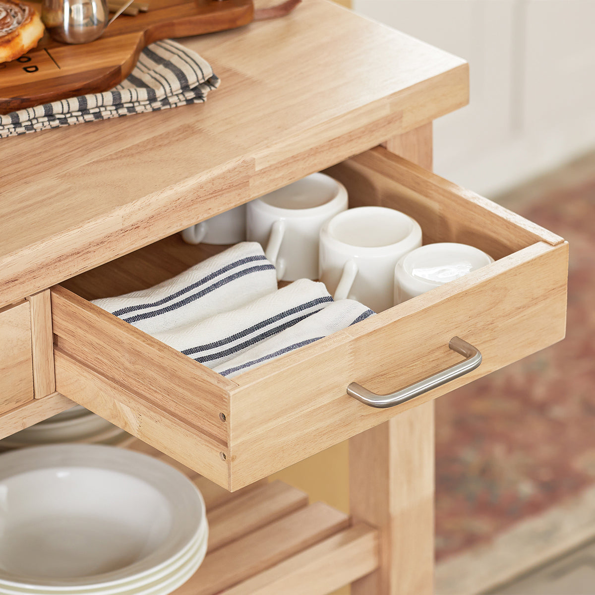 SoBuy FKW24-II-N, Kitchen Trolley on Wheels Rubber Wood Storage Cart – Free Standing Kitchen Storage Unit with 2 Drawers & 2 Shelves – Compact Kitchen Island for Small Kitchens and Flats 80x40x90 cm