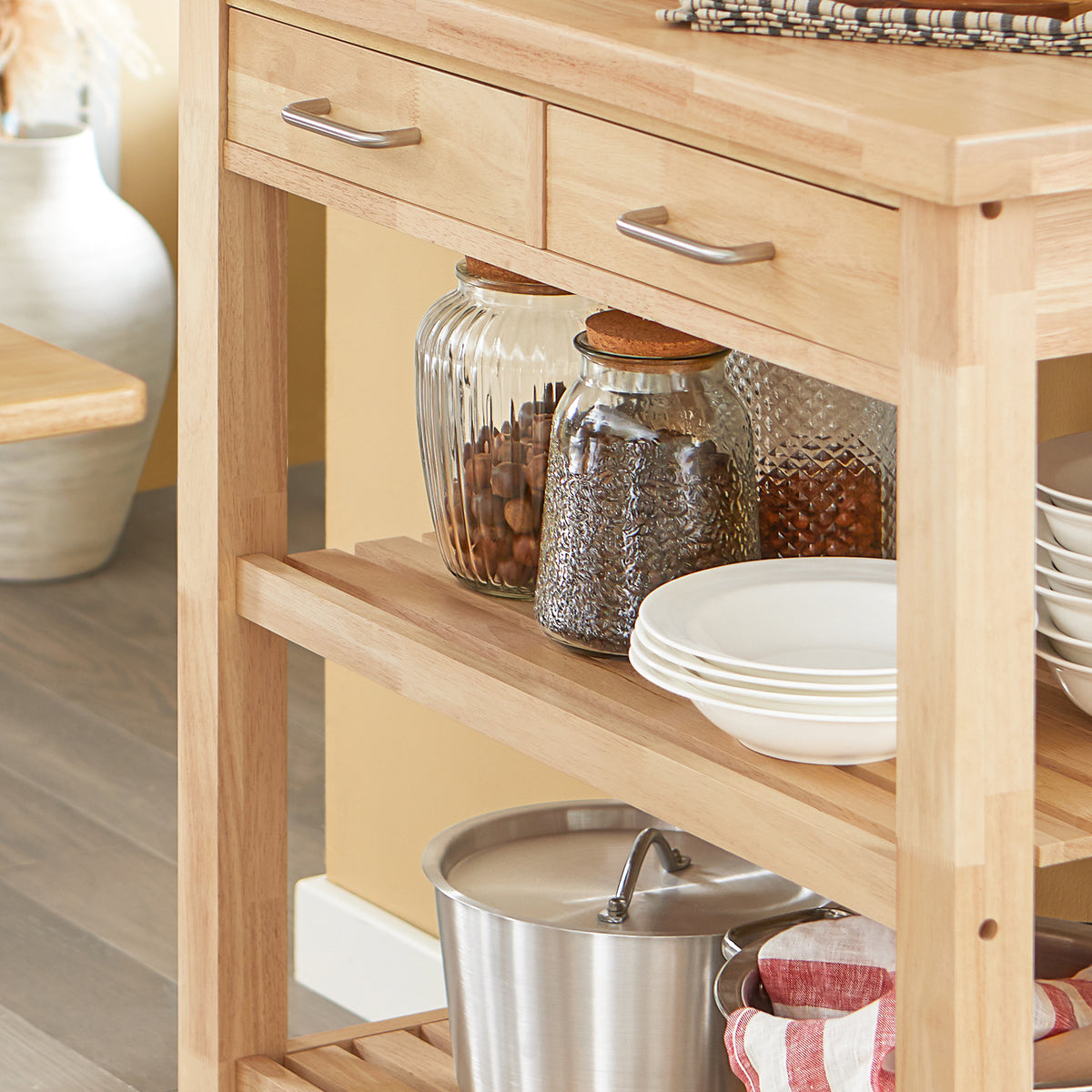 SoBuy FKW24-II-N, Kitchen Trolley on Wheels Rubber Wood Storage Cart – Free Standing Kitchen Storage Unit with 2 Drawers & 2 Shelves – Compact Kitchen Island for Small Kitchens and Flats 80x40x90 cm