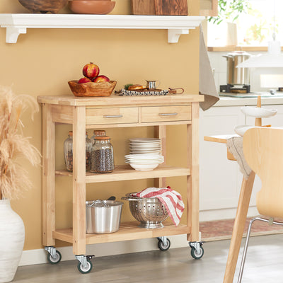 SoBuy FKW24-II-N, Kitchen Trolley on Wheels Rubber Wood Storage Cart – Free Standing Kitchen Storage Unit with 2 Drawers & 2 Shelves – Compact Kitchen Island for Small Kitchens and Flats 80x40x90 cm
