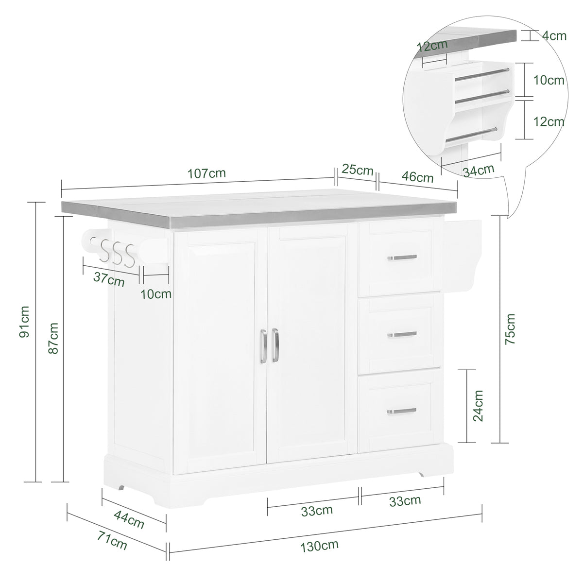 SoBuy FKW41-III-ST kitchen island dimensions W130 x D46-71 x H91cm extendable stainless steel worktop white 90kg