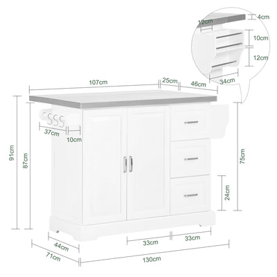 SoBuy FKW41-III-ST kitchen island dimensions W130 x D46-71 x H91cm extendable stainless steel worktop white 90kg