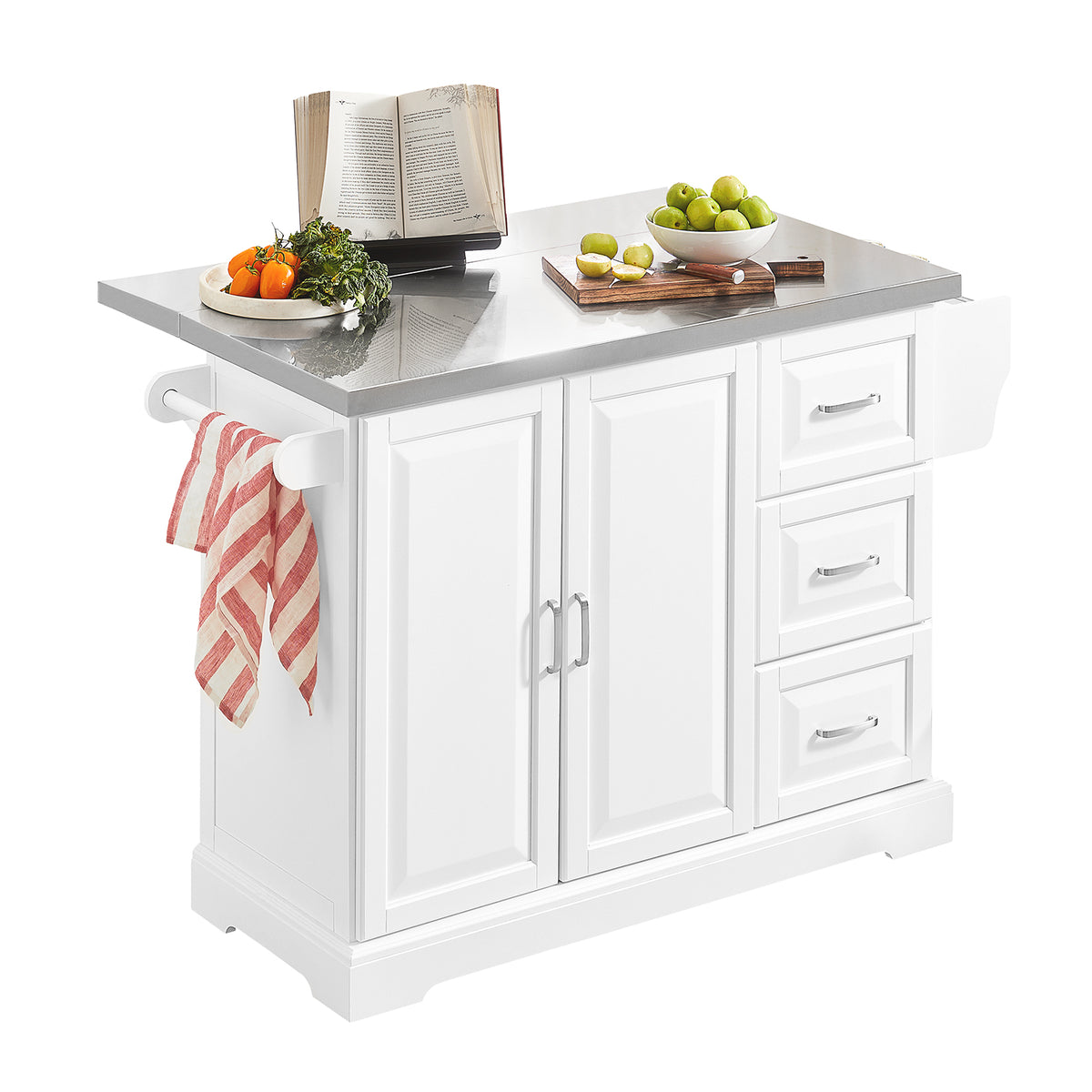 SoBuy FKW41-III-ST white kitchen island on wheels with extendable stainless steel worktop 3 drawers cabinet and towel rack 130x91cm