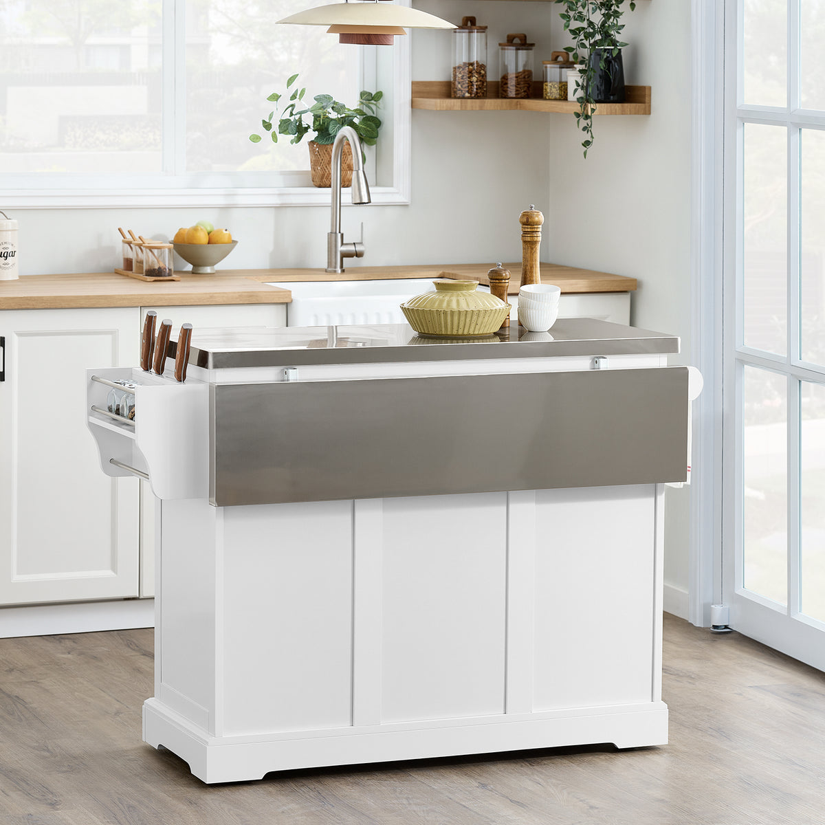 SoBuy FKW41-III-ST white rolling kitchen island used as breakfast bar with side storage rack and towel rack