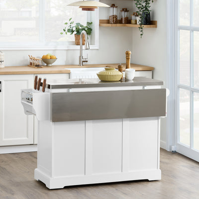 SoBuy FKW41-III-ST white rolling kitchen island used as breakfast bar with side storage rack and towel rack