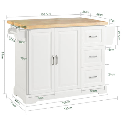 SoBuy FKW41-WN+FST29-WNx2, Kitchen Island Set, Kitchen Island and 2 Kitchen Breakfast Bar Stools, White
