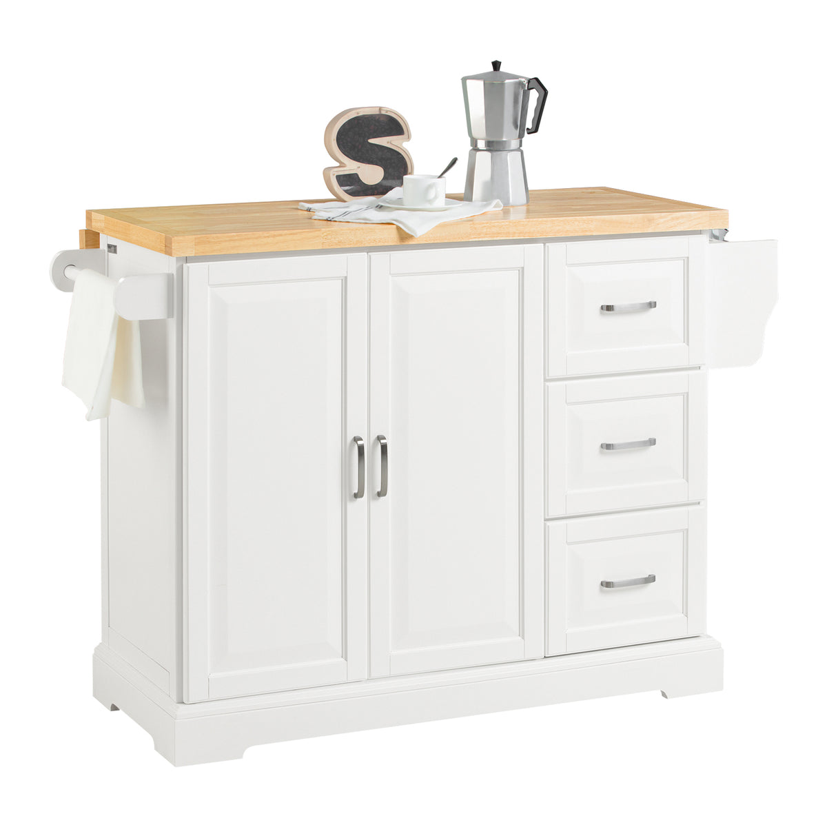 SoBuy FKW41-III-WN white kitchen island on wheels with extendable rubber wood worktop 3 drawers cabinet and towel rack 130x91cm