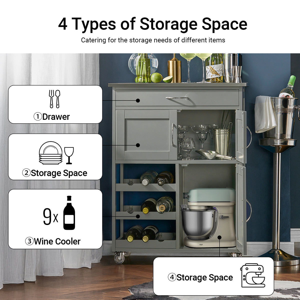 SoBuy FKW45-HG light grey kitchen trolley full product overview – stainless steel worktop drawer double cabinet 3-tier wine rack