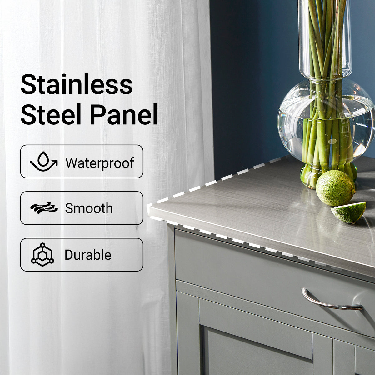 SoBuy FKW45-HG stainless steel worktop detail – hygienic food prep surface on light grey rolling kitchen trolley