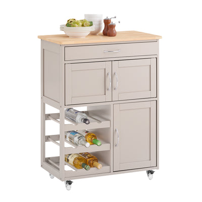 SoBuy FKW45-KA khaki kitchen trolley on wheels with rubber wood worktop – side view white background