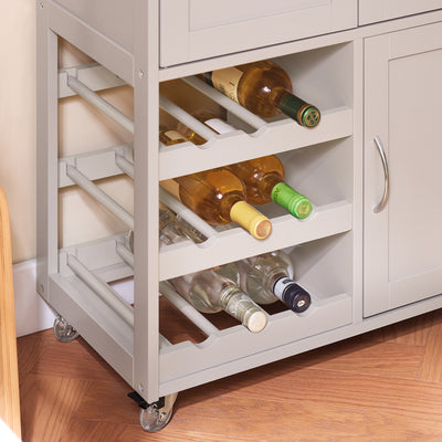SoBuy FKW45-KA 3-tier wine rack close-up – bottle and glass storage on khaki rolling kitchen trolley