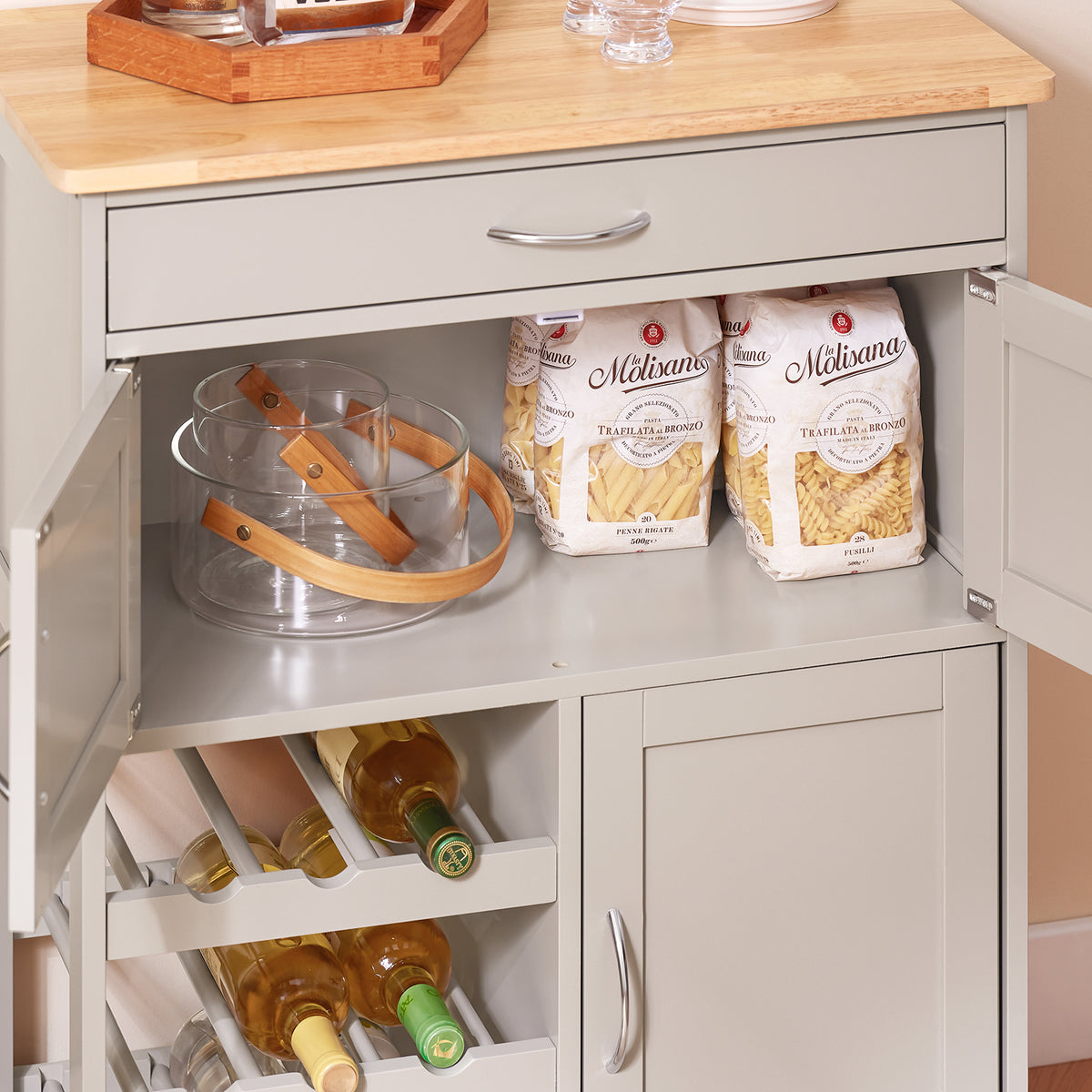 SoBuy FKW45-KA curved utility handle close-up – ergonomic design on khaki rolling kitchen trolley