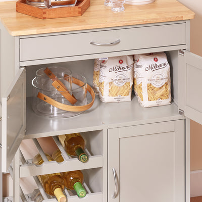 SoBuy FKW45-KA curved utility handle close-up – ergonomic design on khaki rolling kitchen trolley