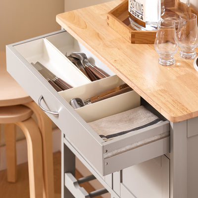SoBuy FKW45-KA dustproof drawer interior close-up – cutlery storage on khaki kitchen trolley on wheels