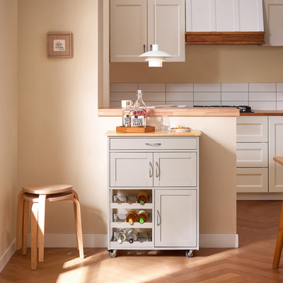 SoBuy FKW45-KA khaki rolling kitchen trolley with 3-tier wine rack in kitchen setting – rubber wood worktop