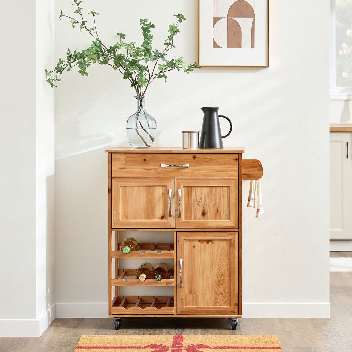 Pre-sale SoBuy FKW45-N, Kitchen Trolley on Wheels Solid Wood Free-Standing Storage Unit with Wine Rack, Drawer & Cupboards, Small Kitchen Island – Ideal for Coffee Station, Dining Room, Outdoor Bar 66x38x86cm