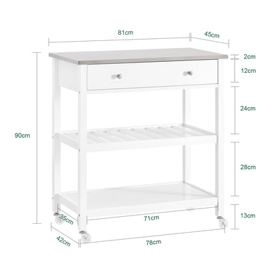 SoBuy FKW47-II-W, Kitchen Trolley Cart Storage Kitchen Island on Wheels, Rolling Island with Stainless Steel Worktop Multi-Tier Serving Organiser Unit for Pantry, Outdoor, Dining Room White 81x45x90cm