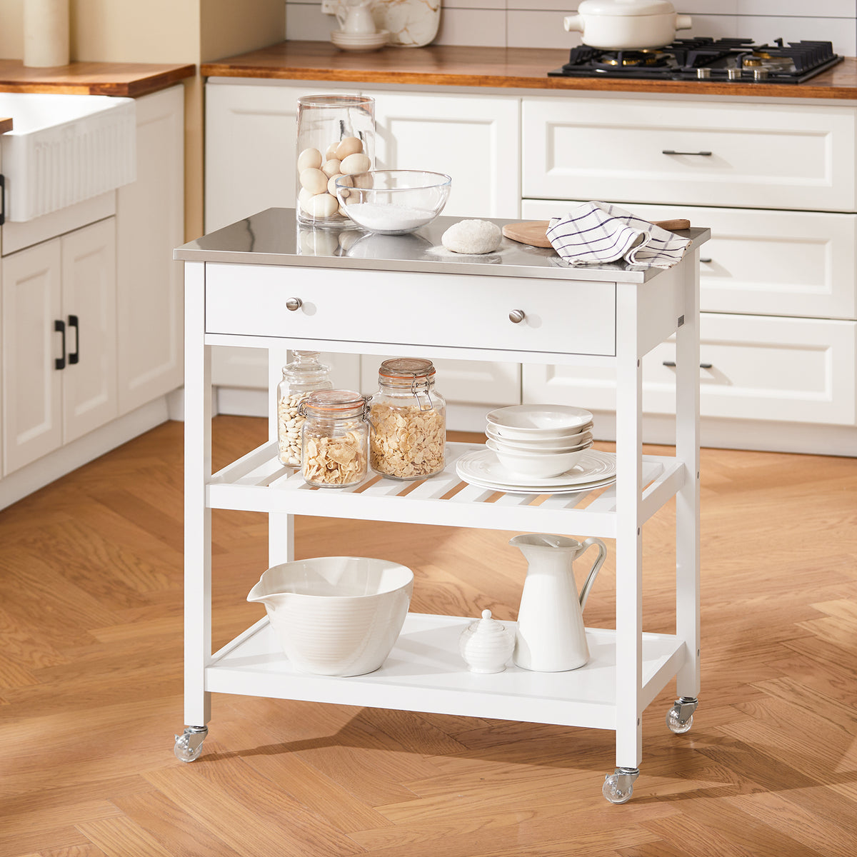 SoBuy FKW47-II-W, Kitchen Trolley Cart Storage Kitchen Island on Wheels, Rolling Island with Stainless Steel Worktop Multi-Tier Serving Organiser Unit for Pantry, Outdoor, Dining Room White 81x45x90cm