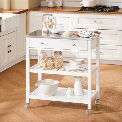 SoBuy FKW47-II-W, Kitchen Trolley Cart Storage Kitchen Island on Wheels, Rolling Island with Stainless Steel Worktop Multi-Tier Serving Organiser Unit for Pantry, Outdoor, Dining Room White 81x45x90cm