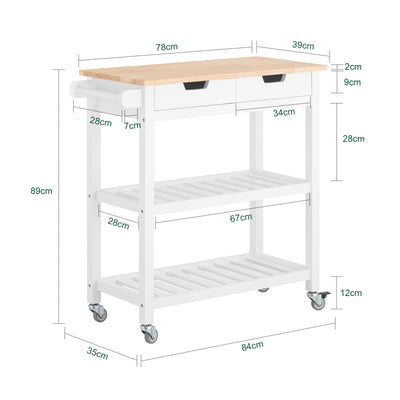 SoBuy FKW68-WN, Kitchen Storage  Serving Trolley with Rubber Wood Top 2 Drawers 2 Shelves, White