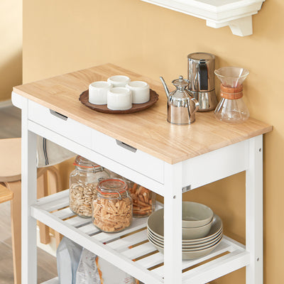 SoBuy FKW68-WN, Kitchen Storage  Serving Trolley with Rubber Wood Top 2 Drawers 2 Shelves, White