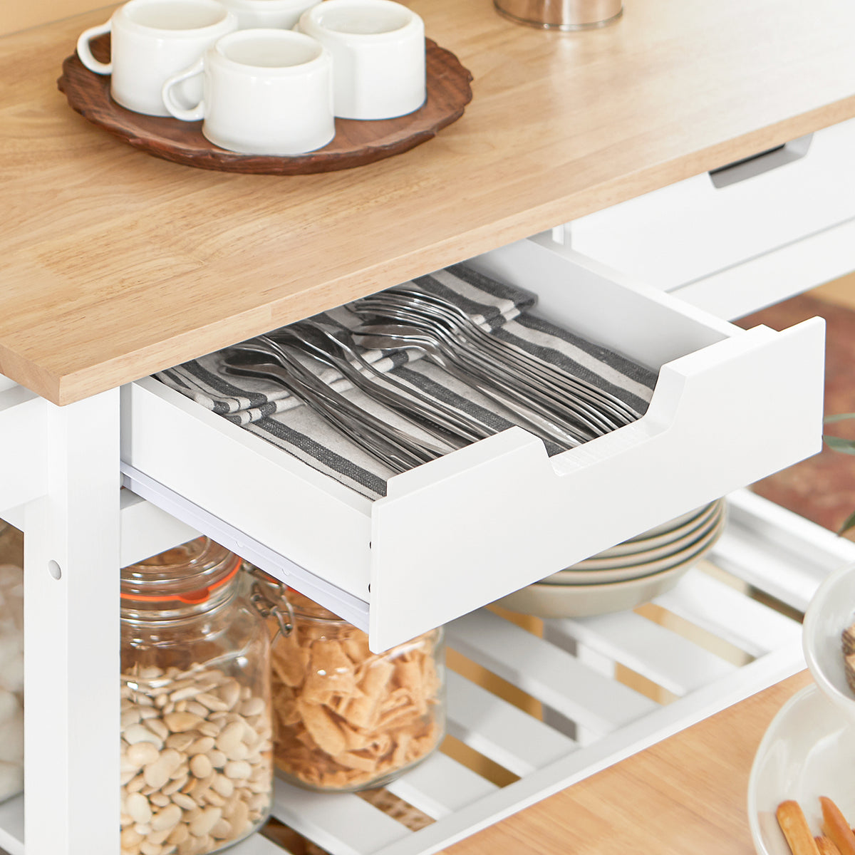 SoBuy FKW68-WN, Kitchen Storage  Serving Trolley with Rubber Wood Top 2 Drawers 2 Shelves, White