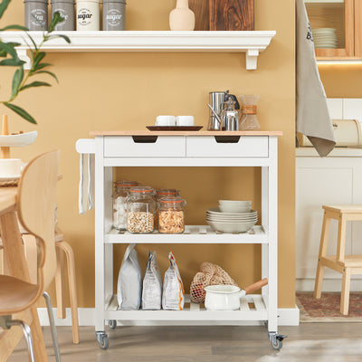 SoBuy FKW68-WN, Kitchen Storage  Serving Trolley with Rubber Wood Top 2 Drawers 2 Shelves, White