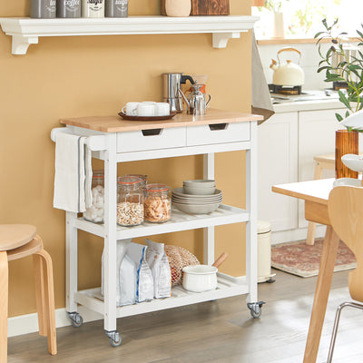 SoBuy FKW68-WN, Kitchen Storage  Serving Trolley with Rubber Wood Top 2 Drawers 2 Shelves, White