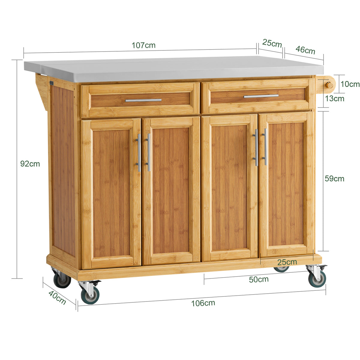 SoBuy FKW69-N Kitchen Island on Wheels Rolling Kitchen Storage Trolley with Extendable Worktop, 2 Drawers and Adjustable Shelves for Dining Room, Breakfast Bar Natural 115 x(46-71) x92cm