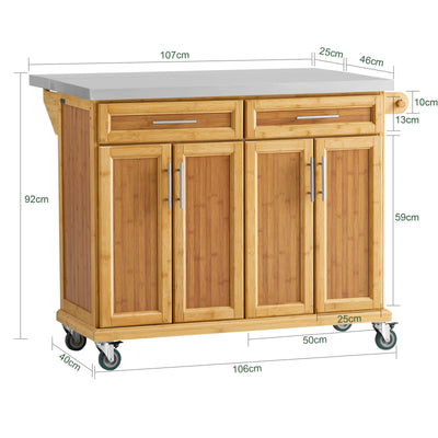 SoBuy FKW69-N Kitchen Island on Wheels Rolling Kitchen Storage Trolley with Extendable Worktop, 2 Drawers and Adjustable Shelves for Dining Room, Breakfast Bar Natural 115 x(46-71) x92cm