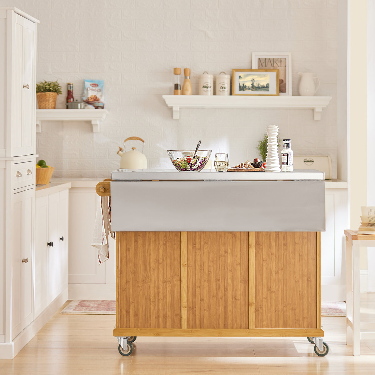 SoBuy FKW69-N Kitchen Island on Wheels Rolling Kitchen Storage Trolley with Extendable Worktop, 2 Drawers and Adjustable Shelves for Dining Room, Breakfast Bar Natural 115 x(46-71) x92cm
