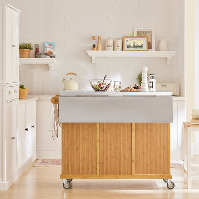 SoBuy FKW69-N Kitchen Island on Wheels Rolling Kitchen Storage Trolley with Extendable Worktop, 2 Drawers and Adjustable Shelves for Dining Room, Breakfast Bar Natural 115 x(46-71) x92cm