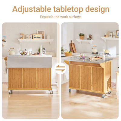 SoBuy FKW69-N Kitchen Island on Wheels Rolling Kitchen Storage Trolley with Extendable Worktop, 2 Drawers and Adjustable Shelves for Dining Room, Breakfast Bar Natural 115 x(46-71) x92cm