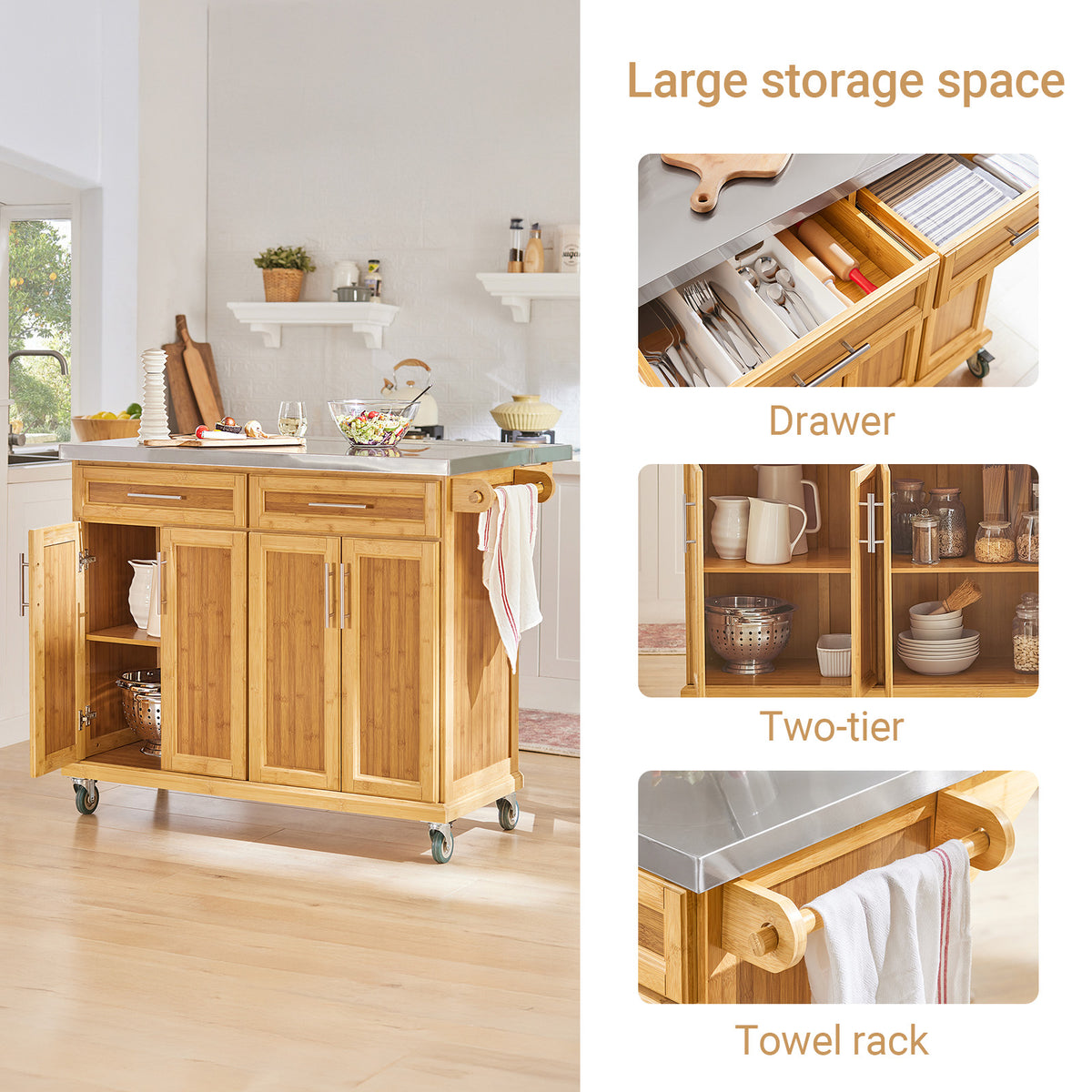SoBuy FKW69-N Kitchen Island on Wheels Rolling Kitchen Storage Trolley with Extendable Worktop, 2 Drawers and Adjustable Shelves for Dining Room, Breakfast Bar Natural 115 x(46-71) x92cm