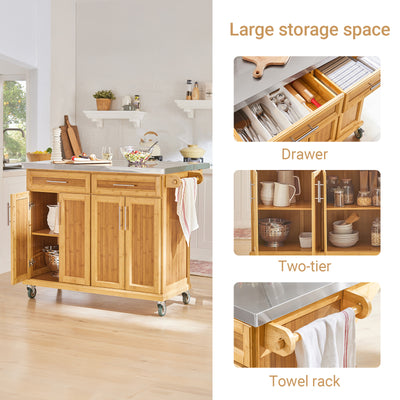 SoBuy FKW69-N Kitchen Island on Wheels Rolling Kitchen Storage Trolley with Extendable Worktop, 2 Drawers and Adjustable Shelves for Dining Room, Breakfast Bar Natural 115 x(46-71) x92cm