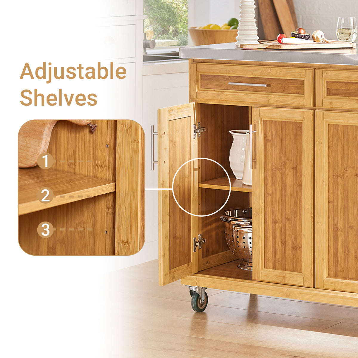 SoBuy FKW69-N Kitchen Island on Wheels Rolling Kitchen Storage Trolley with Extendable Worktop, 2 Drawers and Adjustable Shelves for Dining Room, Breakfast Bar Natural 115 x(46-71) x92cm