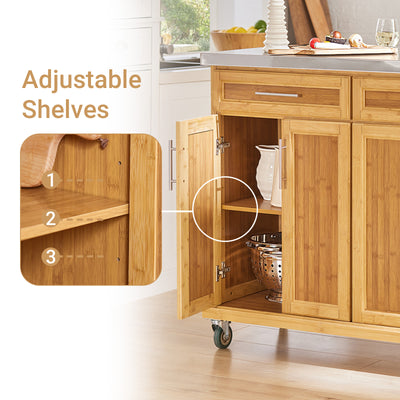 SoBuy FKW69-N Kitchen Island on Wheels Rolling Kitchen Storage Trolley with Extendable Worktop, 2 Drawers and Adjustable Shelves for Dining Room, Breakfast Bar Natural 115 x(46-71) x92cm