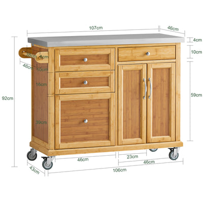 SoBuy FKW70-N, Kitchen Storage Trolley Kitchen Island Kitchen Cabinet Cupboard Sideboard with Stainless Steel Top, Wood