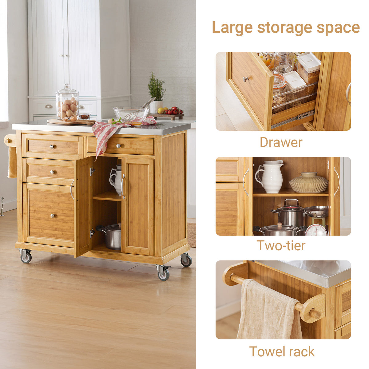 SoBuy FKW70-N, Kitchen Storage Trolley Kitchen Island Kitchen Cabinet Cupboard Sideboard with Stainless Steel Top, Wood