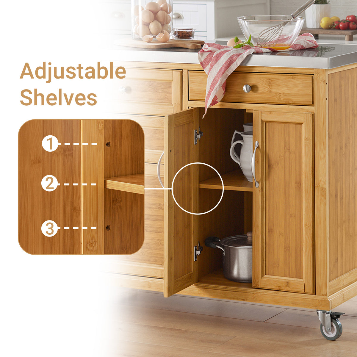 SoBuy FKW70-N, Kitchen Storage Trolley Kitchen Island Kitchen Cabinet Cupboard Sideboard with Stainless Steel Top, Wood