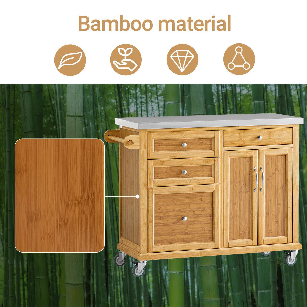 SoBuy FKW70-N, Kitchen Storage Trolley Kitchen Island Kitchen Cabinet Cupboard Sideboard with Stainless Steel Top, Wood